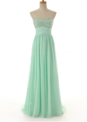 A-line Strapless Sweetheart Neck Green Chiffon Beaded Bridesmaid Dress